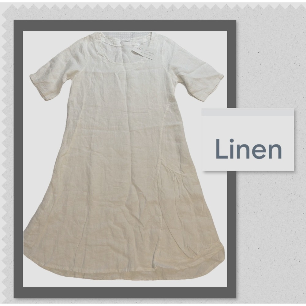 Angela Mara S/M NEW Italy 100% Linen Solid White Short Sleeves - Dress Pockets